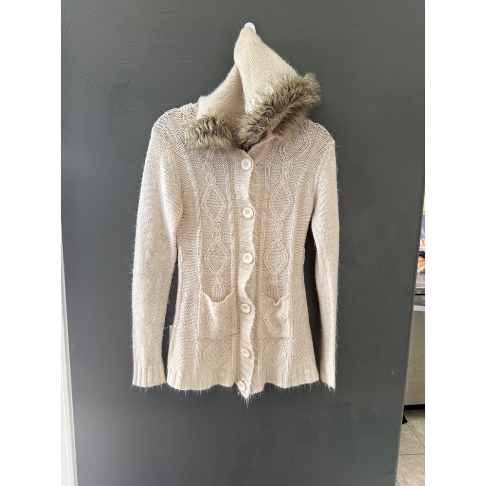 Sweet Nikool Y2k Outfitters Cream Cable Knit Hooded Cardigan Faux Fur Trim M